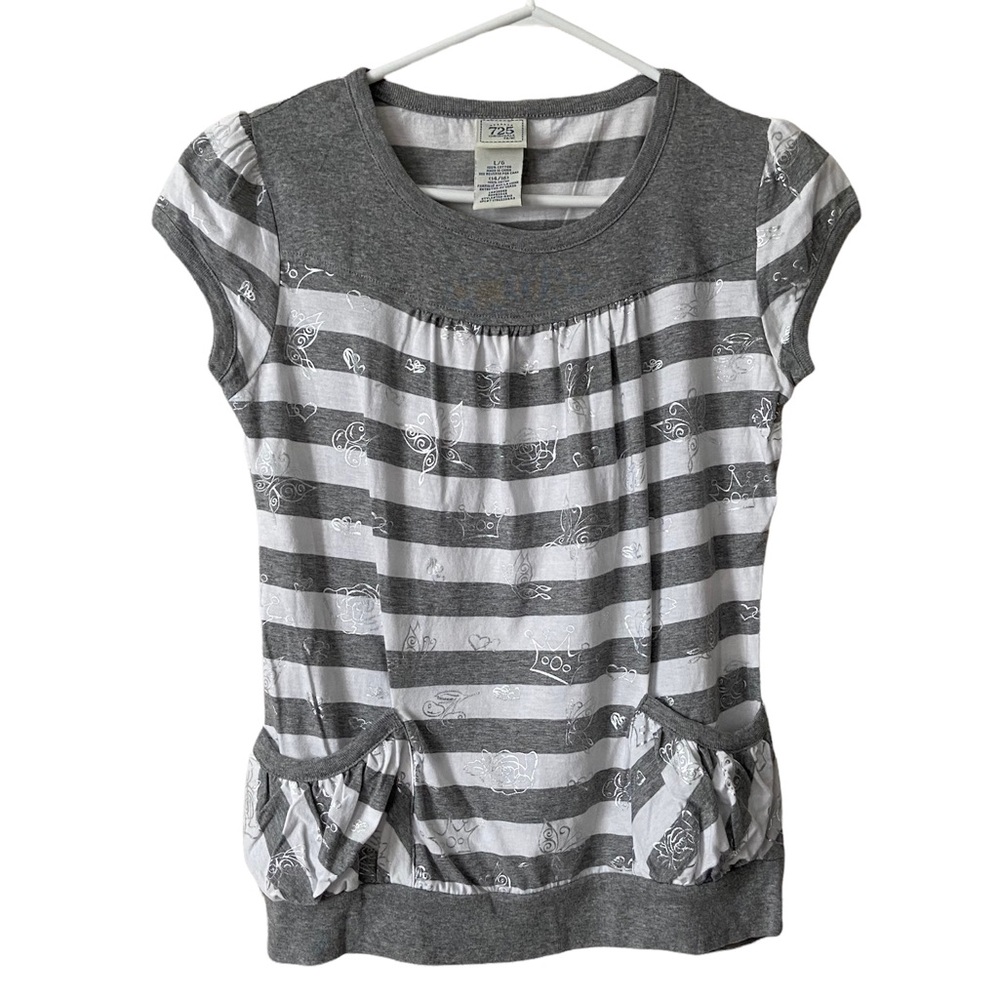 Womens Silver Metallic Motif Gray White Short Sleeves Top Large